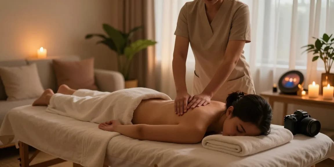 Relaxing 광명출장마사지 session in a cozy home environment with candles and soothing ambiance.