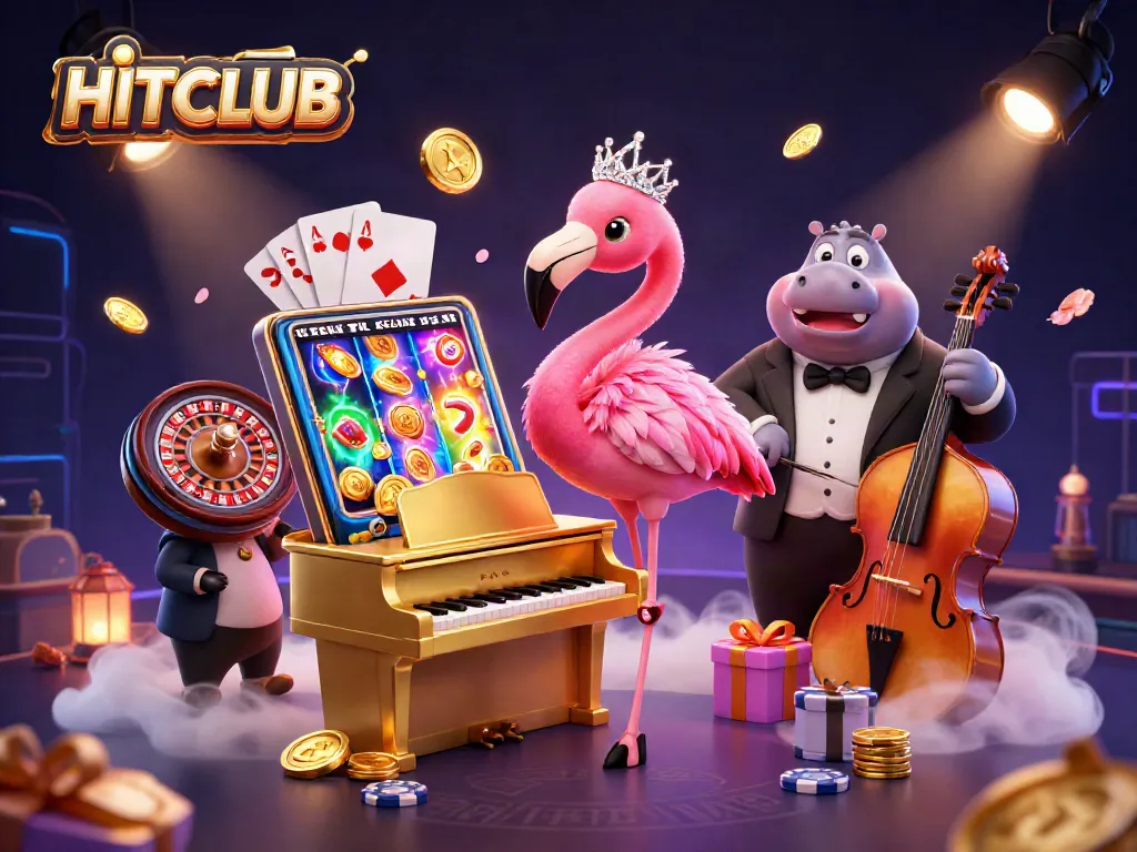 Engage with HITCLUB in a colorful 3D casino scene featuring vibrant characters and thrilling game elements.