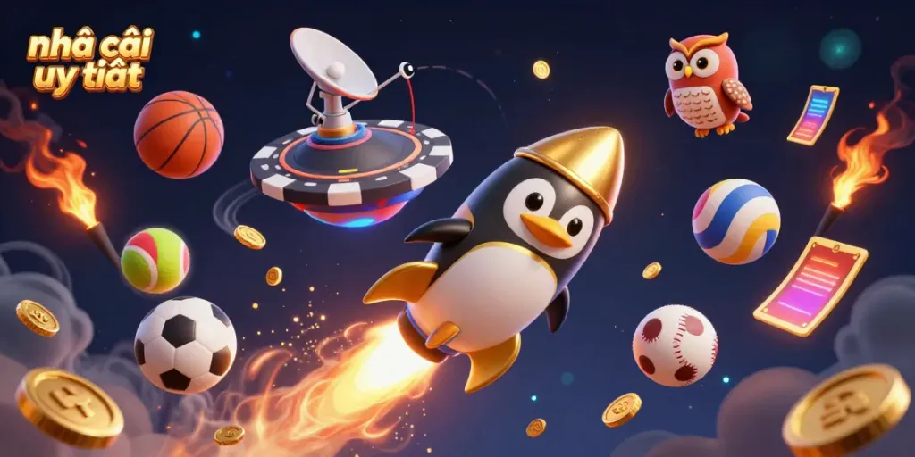 Experience the thrill of nhà cái uy tín with a golden penguin and casino elements in a dynamic 3D scene.