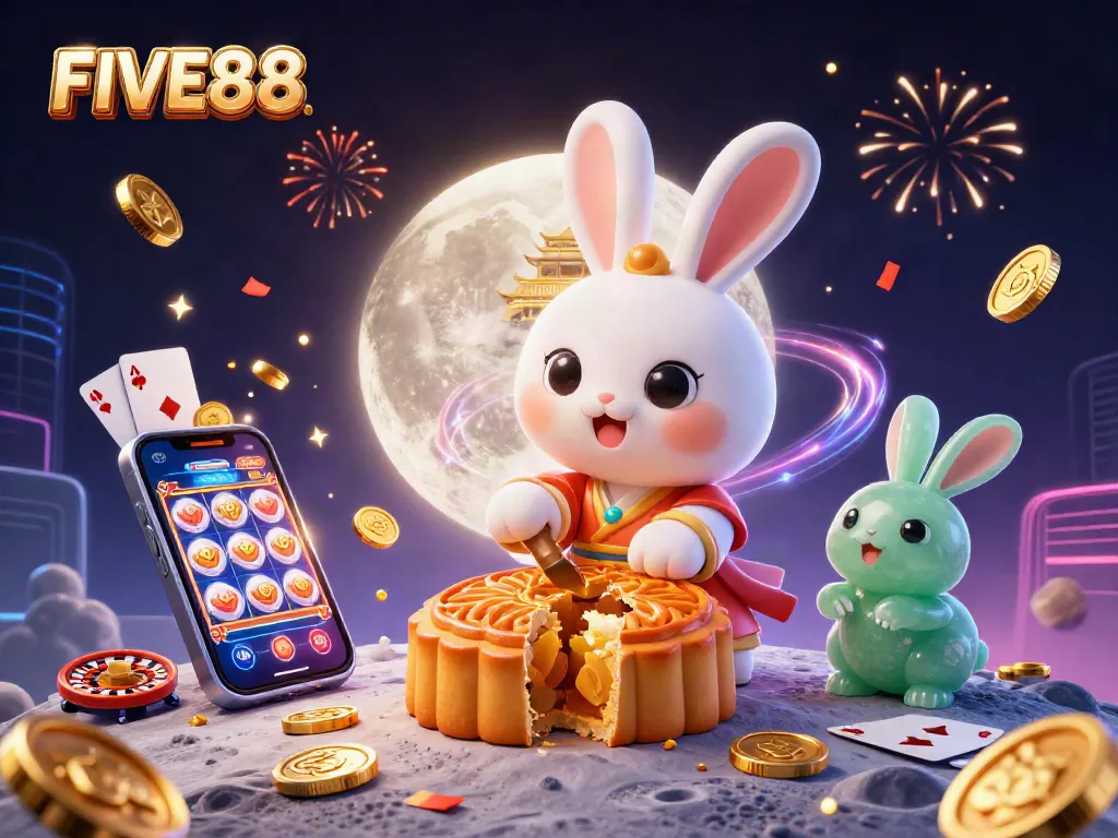 Engage with FIVE88's captivating moon-themed casino scene featuring enchanting characters and dynamic gaming elements.