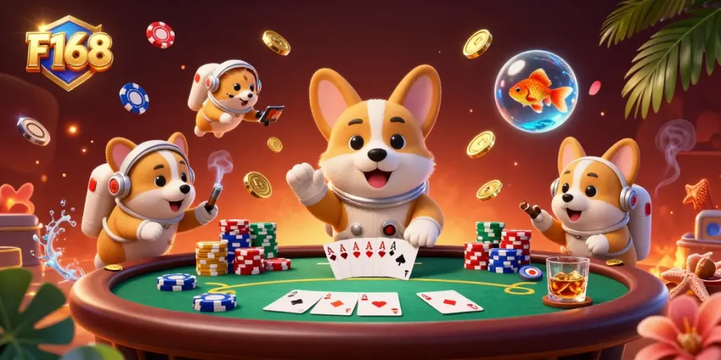 Engage with F168's vibrant space casino featuring fun characters and poker action.