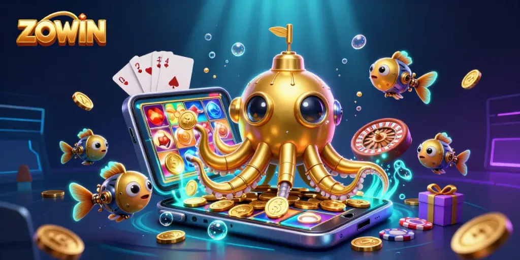 ZOWIN captures excitement with a golden kraken submarine amidst coins and vibrant gaming elements