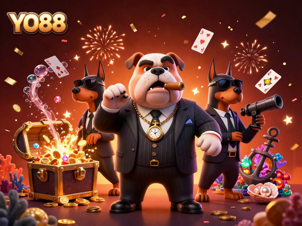 Engage in thrilling games at YO88 with a vibrant 3D cartoon scene of a mafia bulldog and dynamic elements.