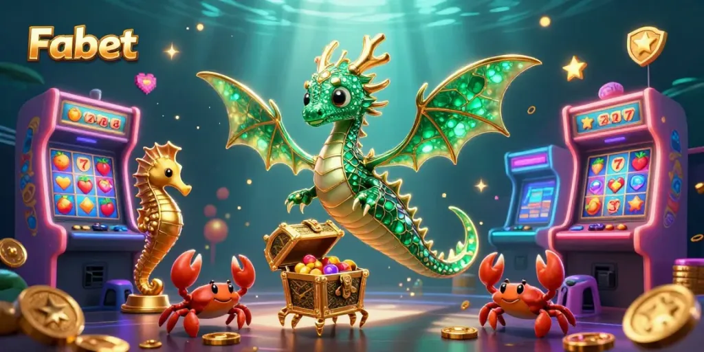 Fabet slots adventure with a vibrant sea dragon, treasure chest, and exciting game elements.