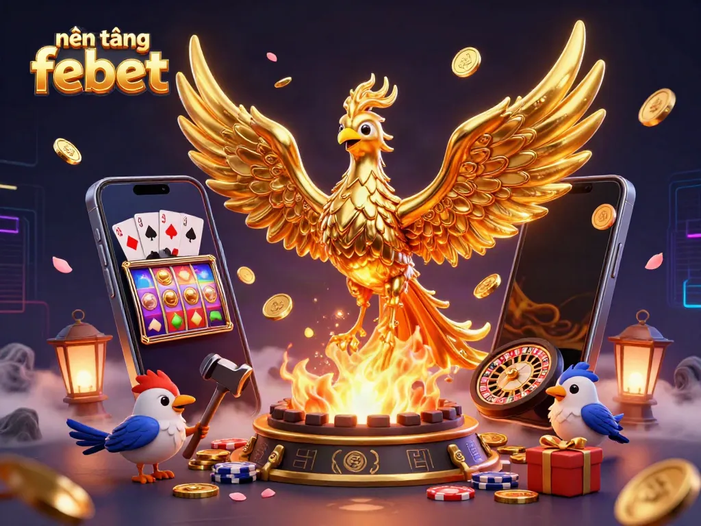 Experience the vibrant world of nền tảng febet with a molten gold phoenix and animated casino elements.