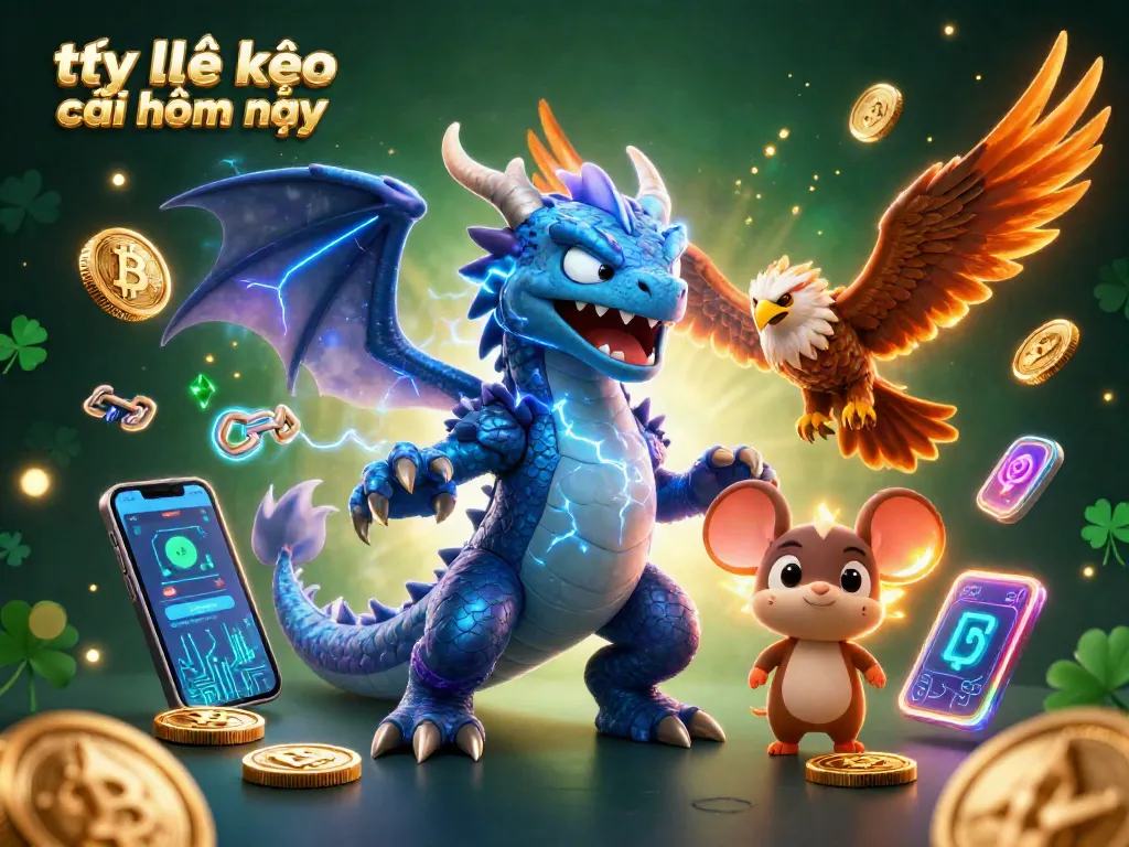 Tỷ lệ kèo nhà cái hôm nay captured through a vibrant 3D illustration featuring powerful fantasy characters and cryptocurrency elements.