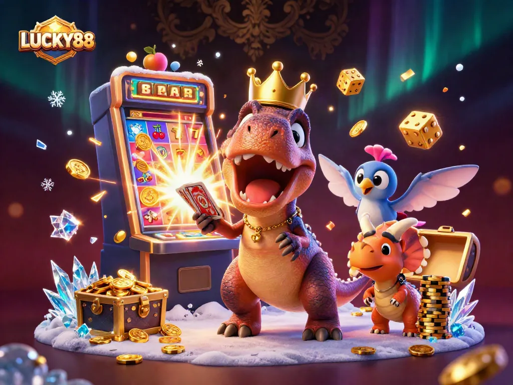 LUCKY88 slot adventure with cartoon dinosaurs celebrating a jackpot win together.