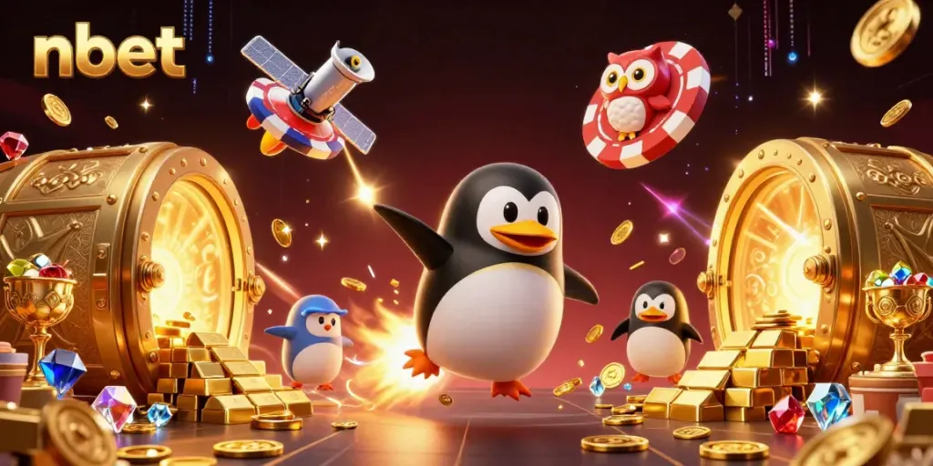 nbet promotional illustration featuring a golden penguin and dynamic casino-themed elements.