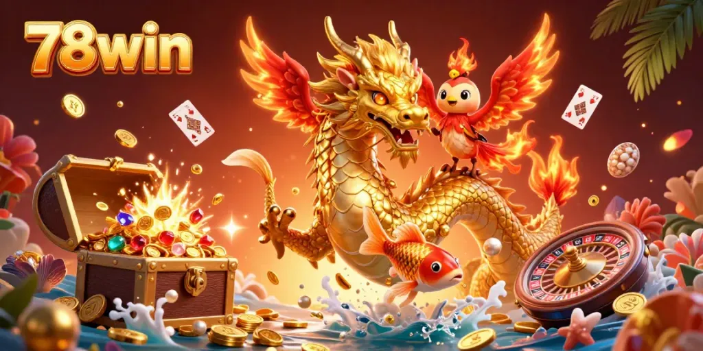 Experience thrilling gameplay with 78win's vibrant 3D casino scene featuring a golden dragon and colorful characters.