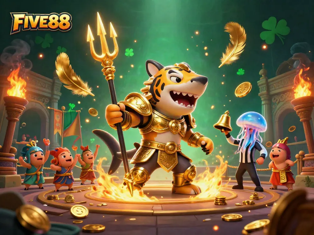 Experience the excitement of FIVE88 with a vibrant underwater casino battle featuring dynamic characters.