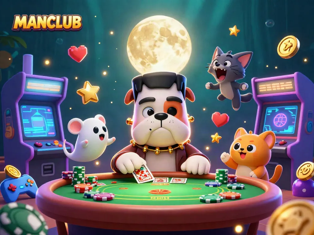 MANCLUB engages players with a vibrant poker scene led by a cartoon bulldog monster.