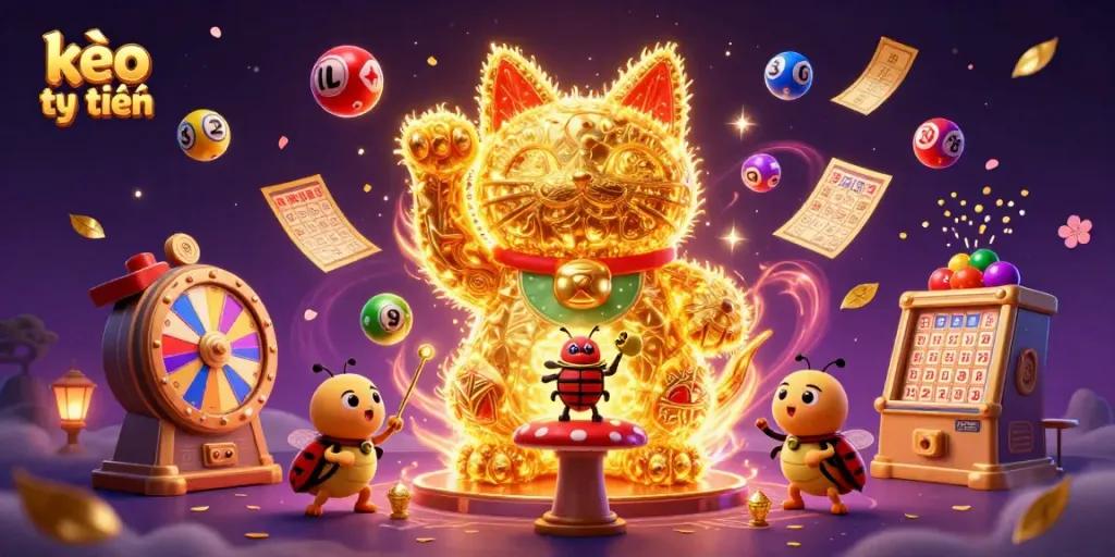 Engage with kèo trực tuyến as golden fireflies form a lucky cat in a vibrant casino atmosphere.