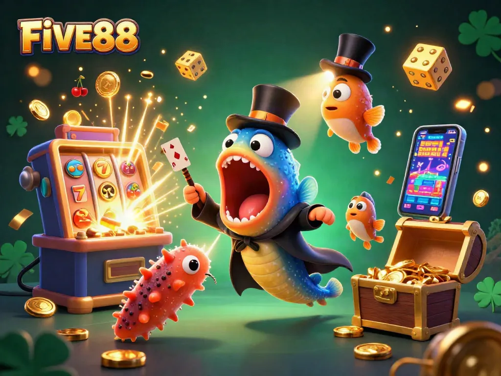 Experience excitement with FIVE88's vibrant casino scene featuring animated characters and jackpot elements.