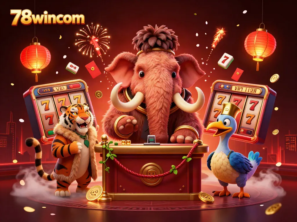 Experience vibrant 78wincom casino action with a woolly mammoth bouncer and VIP tiger guest.