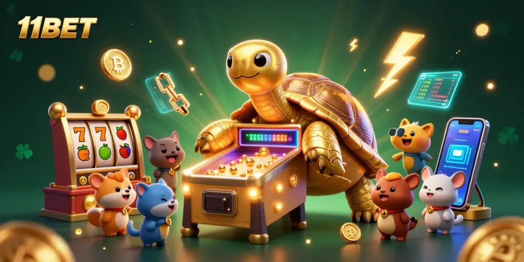 11BET showcases a dynamic casino scene with thrilling slot elements and crypto coins.