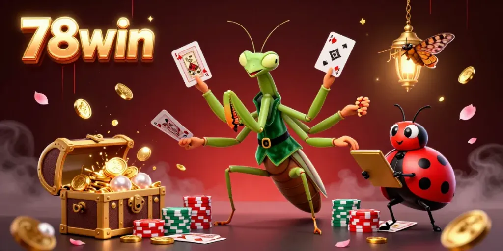Experience the thrill of 78win with a giant mantis card sharp and a ladybug pit boss in this captivating casino scene.