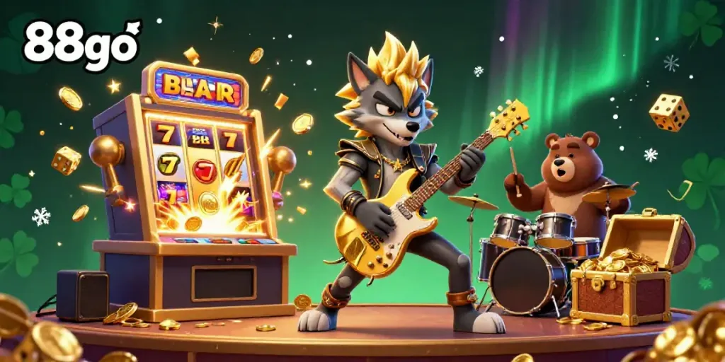Engage in thrilling gameplay at 88go with an exciting 3D casino scene featuring a rock star wolf and a drummer bear.
