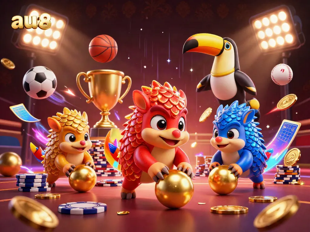 Experience exciting gaming action at au88 with dynamic pangolins rolling poker chips and vibrant sports elements.