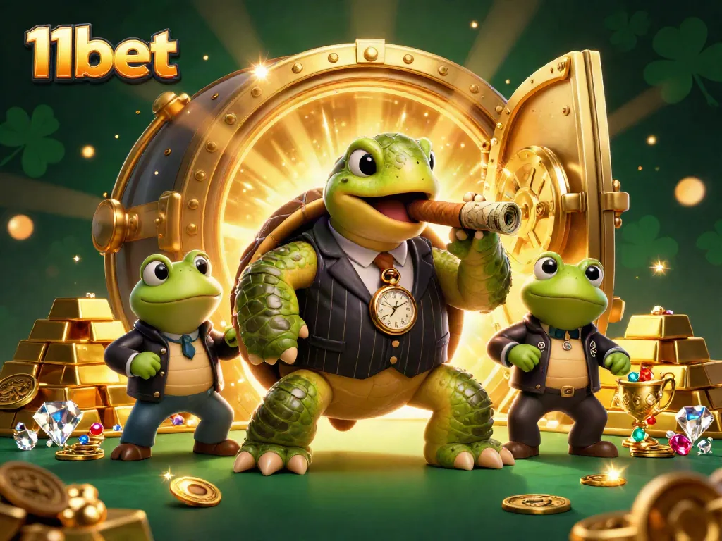 Experience thrilling action at 11bet with a dynamic casino scene featuring colorful characters and sparkling treasures.