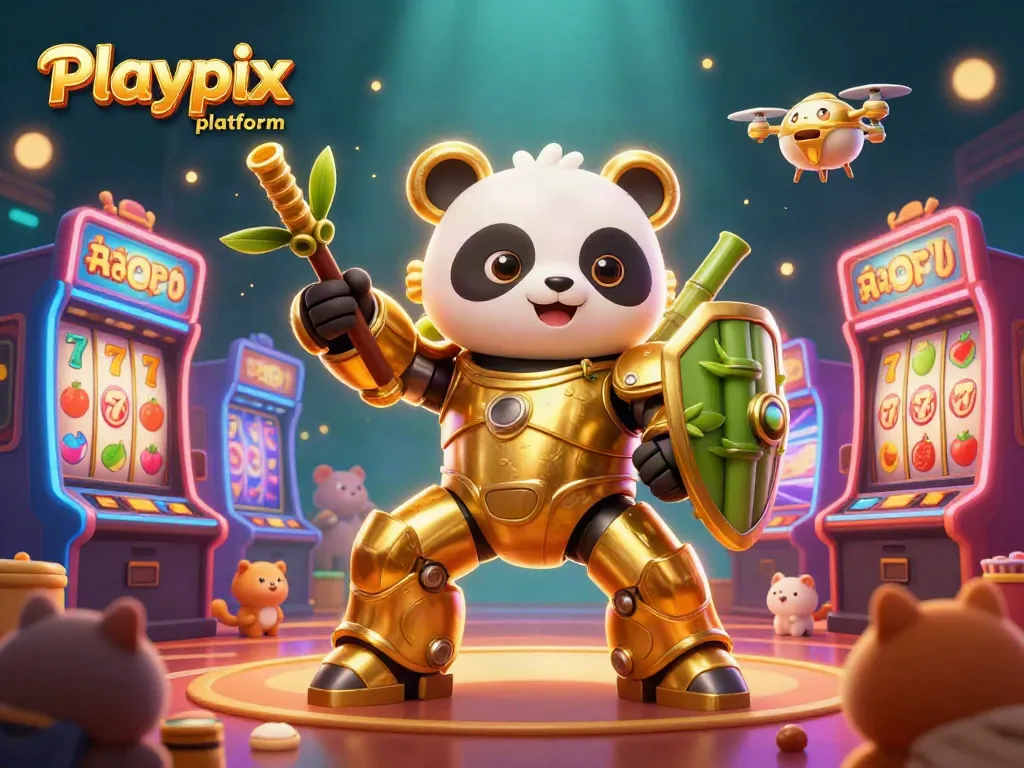 Experience the excitement of the Playpix platform with a vibrant 3D casino scene featuring animated characters and slot machines.