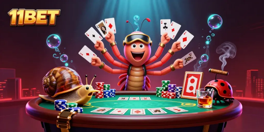 Experience the thrill of 11BET with a dynamic casino scene featuring a millipede dealer and colorful poker elements.