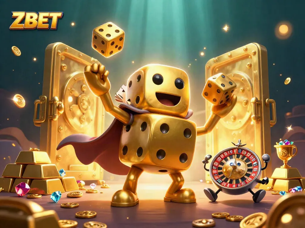 ZBET brings excitement as the golden dice golem juggles and showcases thrilling casino wealth.
