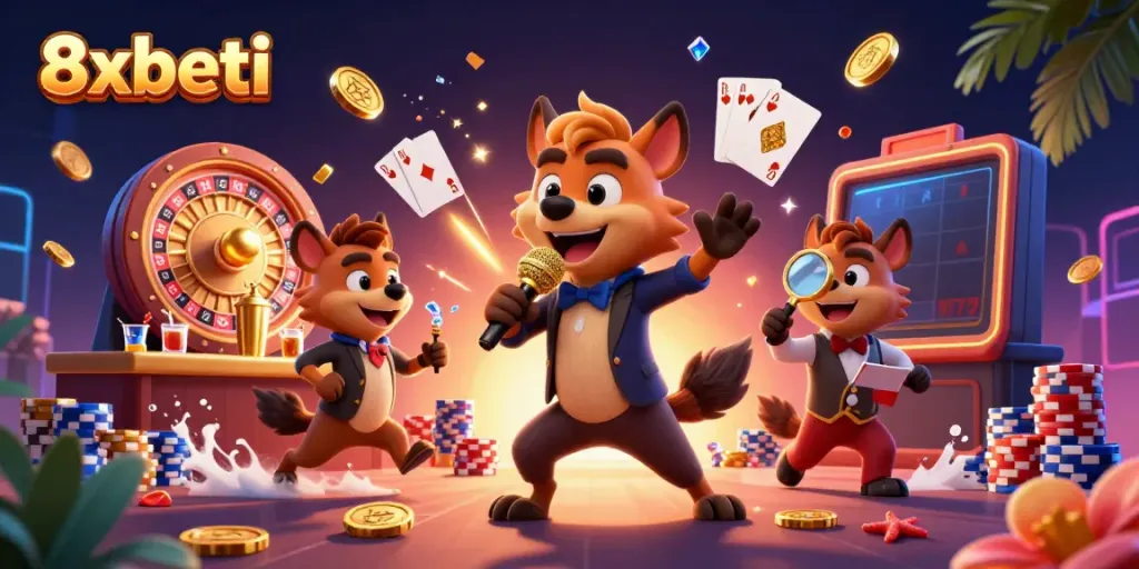 Experience the vibrant comedy casino atmosphere of 8xbeti with animated hyenas entertaining and winning at games.