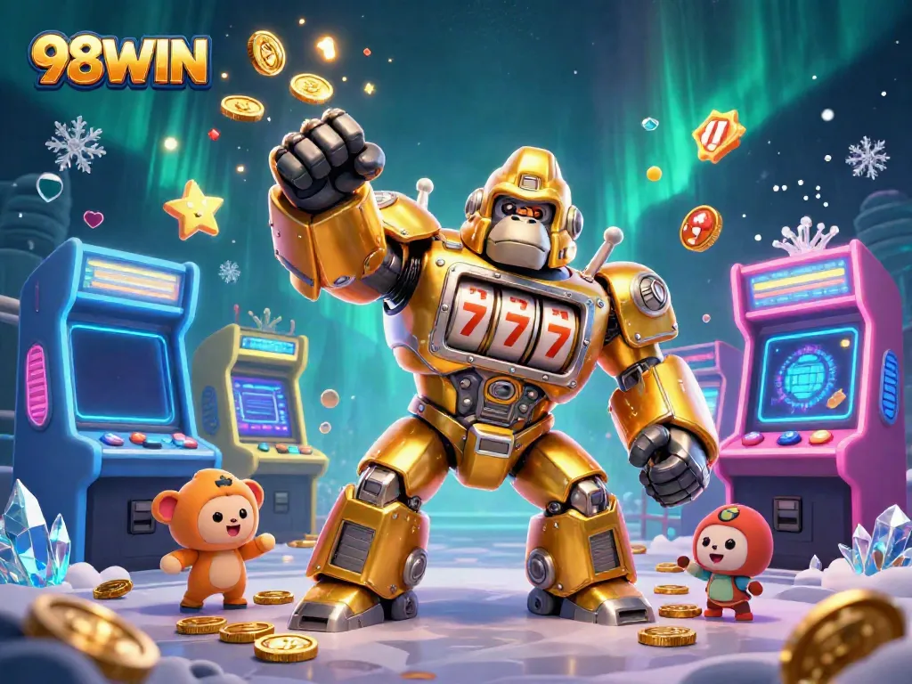 Experience 98WIN's exciting world with a golden gorilla mech and colorful arcade machines.