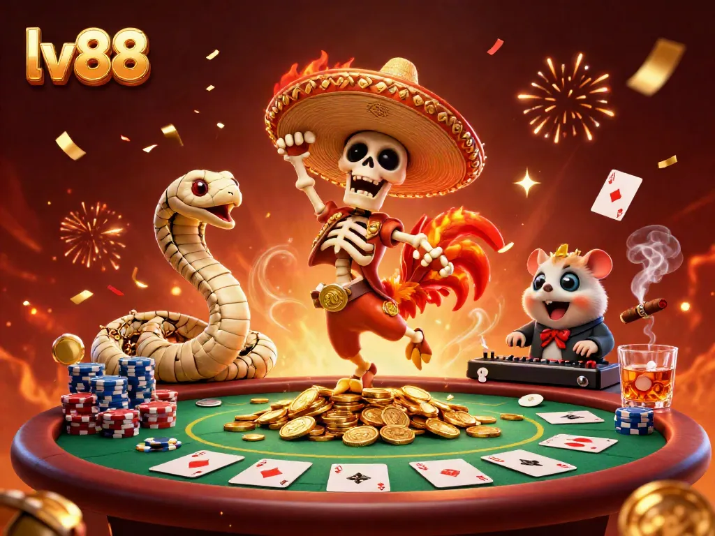 Experience the vibrant energy of lv88, featuring a skeleton mariachi and games in a lively casino scene.