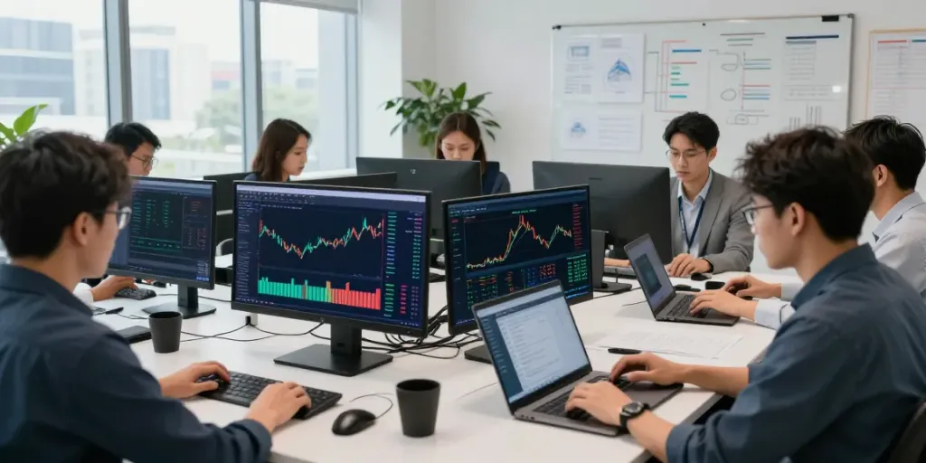Traders analyzing market data on slatecapivex.ca in a modern office.