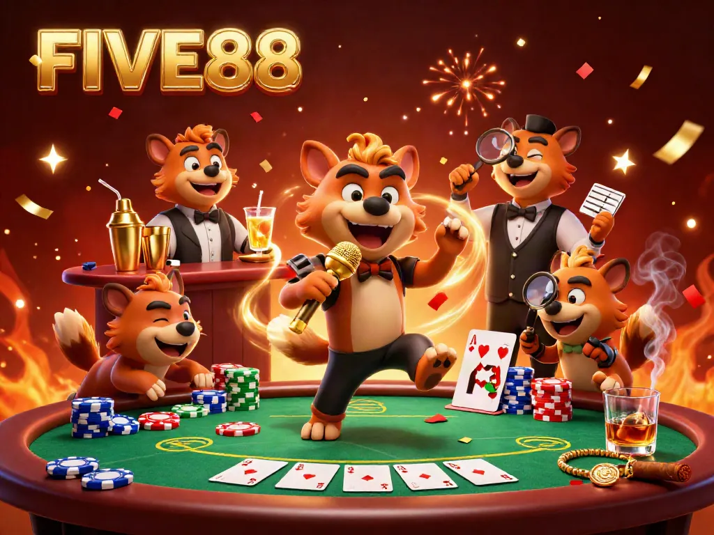 FIVE88 hyena casino characters vibrantly engage in poker and comedy under dramatic lighting.
