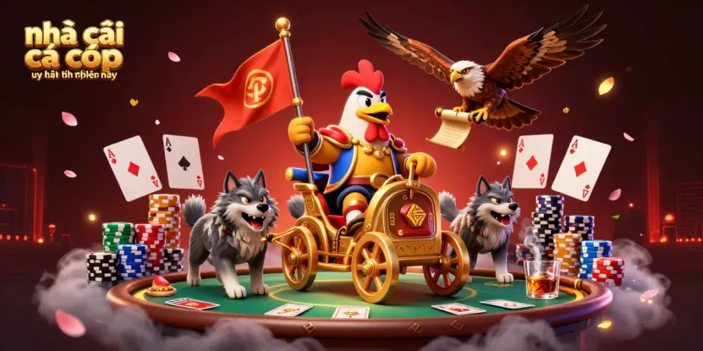 Engaging scene portraying nhà cái cá cược uy tín phổ biến hiện nay with a cartoon rooster warlord and vibrant poker elements.