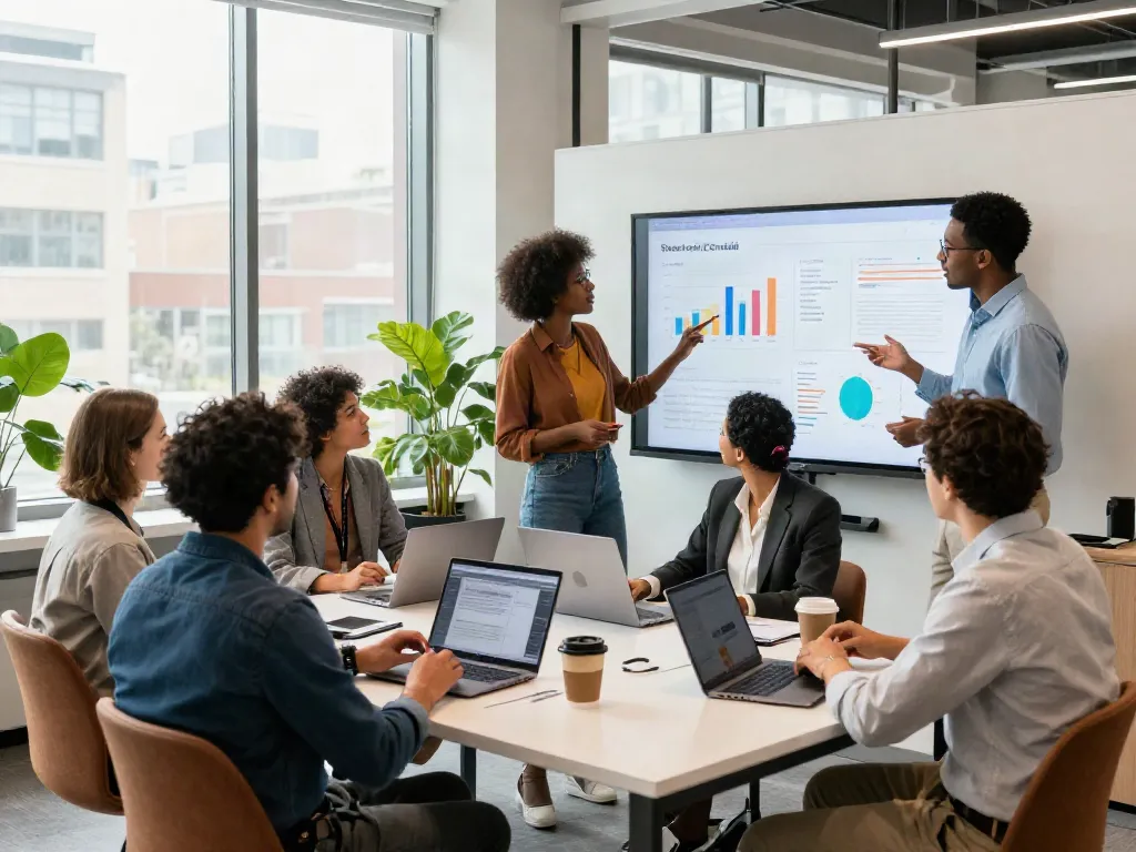 Diverse professionals collaborating in a sleek office showcasing Streek Canada analytics.