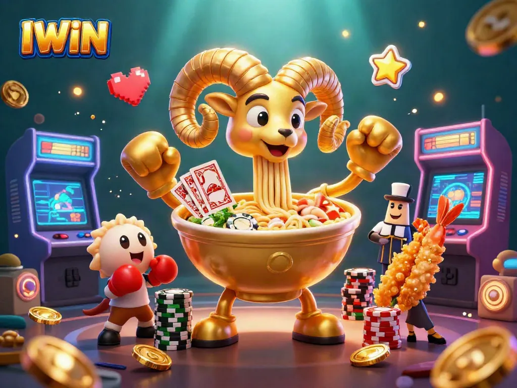 IWIN casino illustration featuring a golden ramen bowl dealer captivating players with vibrant gaming elements