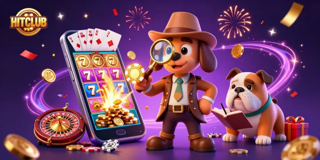 Uncover exciting gaming adventures at HITCLUB with a thrilling detective scene amidst glamorous casino elements.
