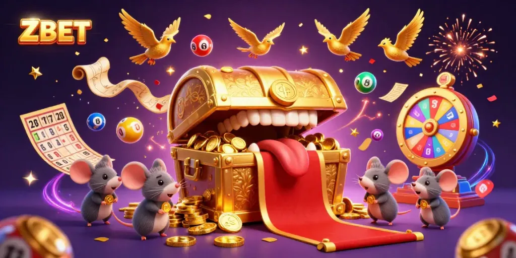 Join the excitement with ZBET's vibrant 3D casino illustration showcasing lottery balls and festive elements.