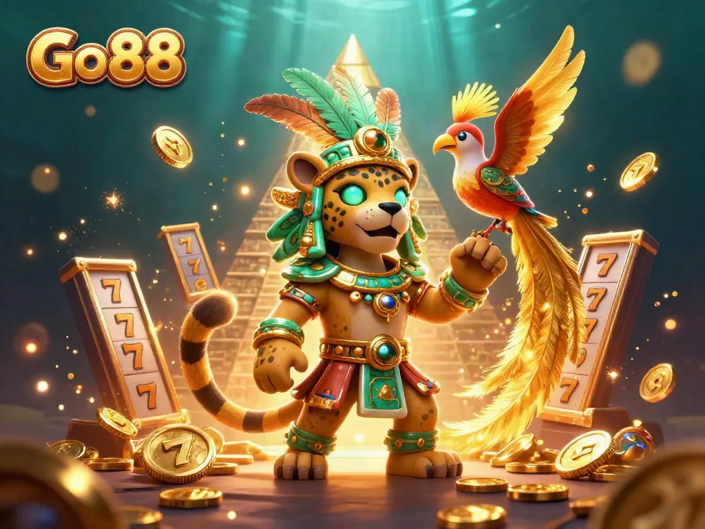 Engage with Go 88's thrilling slot adventures featuring a Mayan priest amidst dynamic visuals and gold coins.