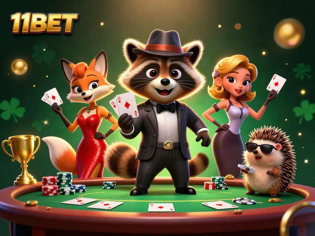 Experience excitement with 11BET while the raccoon showcases his royal flush in this dynamic casino scene.