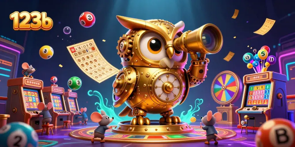 Enjoy thrilling games at 123b's colorful casino floor with the golden owl overseeing the excitement.
