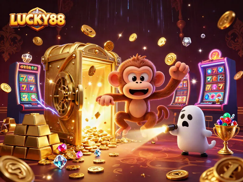 Experience thrilling wins with LUCKY88 in a vibrant casino scene full of scattered treasures and excitement.