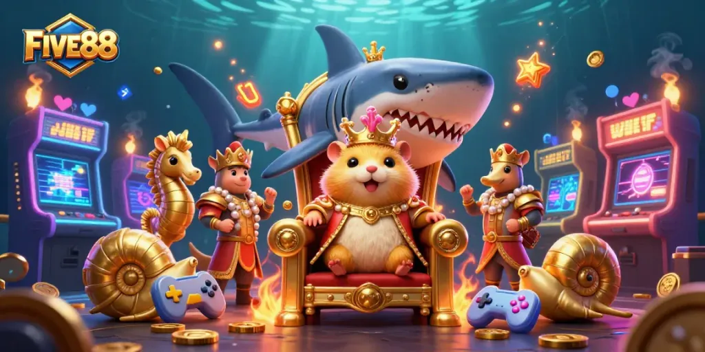Experience vibrant gaming with FIVE88's underwater casino scene featuring regal figures and colorful elements.