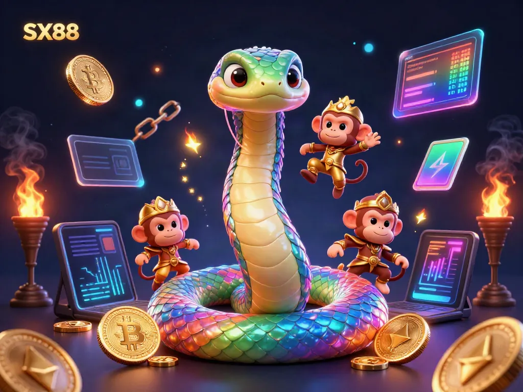 Experience the excitement of SX88 with a vibrant illustration of a rainbow serpent and monkey king, surrounded by crypto-themed elements.
