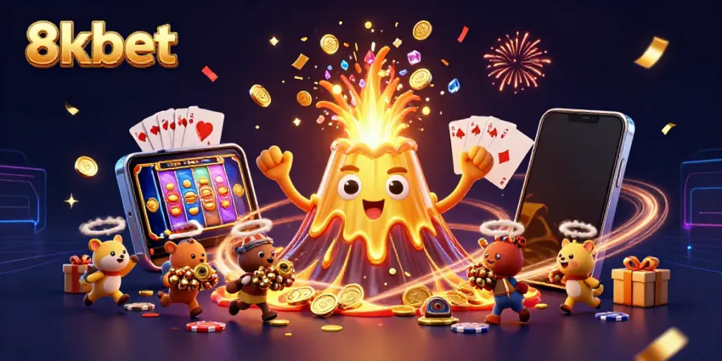 Explore the vibrant world of 8xbet, featuring a triumphant golden volcano and treasure-filled adventures.