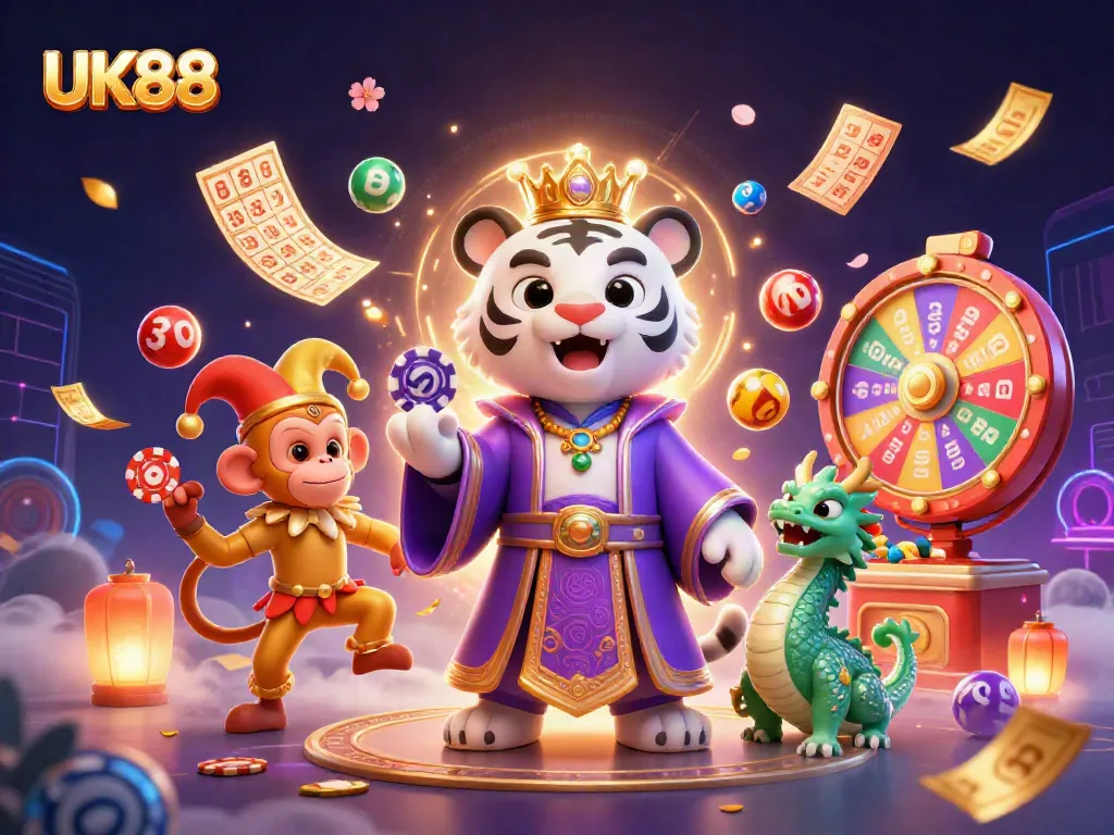 Engage with UK88's vibrant casino experience featuring a royal character and colorful gaming elements.