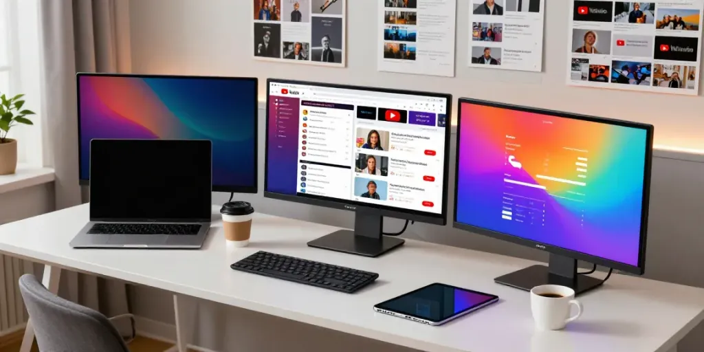 Campagnes d’influence YouTube displayed on digital screens in a modern marketing workspace.