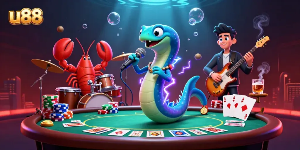 Experience the excitement at u88 with a lively underwater casino scene featuring an electric eel DJ and vibrant gaming elements.