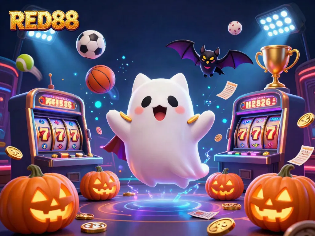 Engage with the festive spirit of casino gaming at RED88 with a colorful, haunted mansion scene.