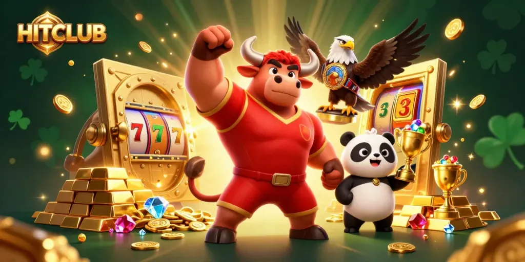 HITCLUB players celebrate with a victory pose amidst slot and treasure elements in a vibrant 3D scene