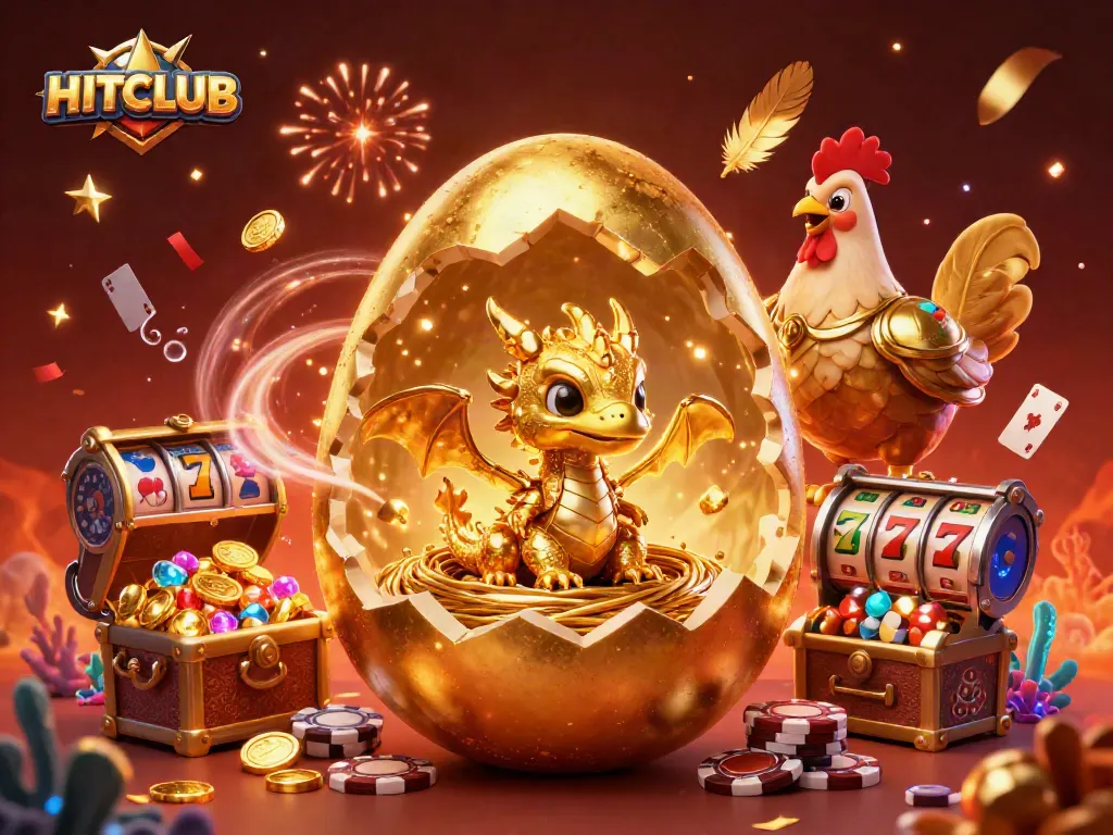 Engage with HITCLUB's vibrant casino world featuring a golden dragon, poker chips, and exciting game elements.