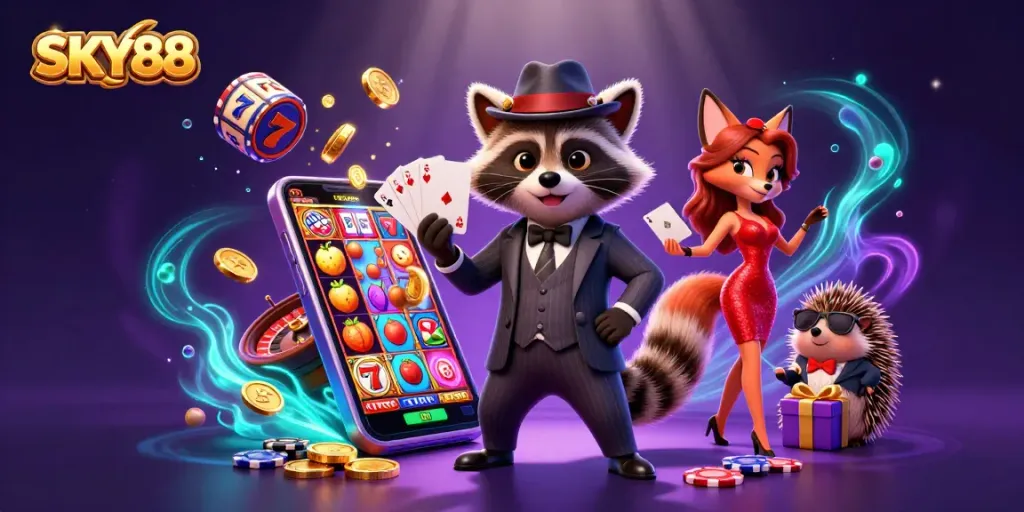 Engage in thrilling slots at SKY88 with raccoon dealer and friends amidst vibrant casino excitement.
